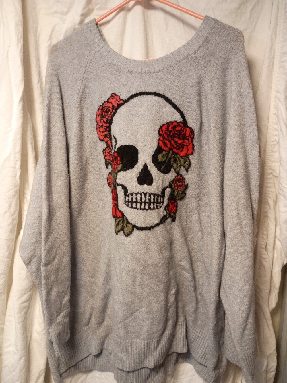 torrid Light Gray Sweater with Red Rose Skull Motif